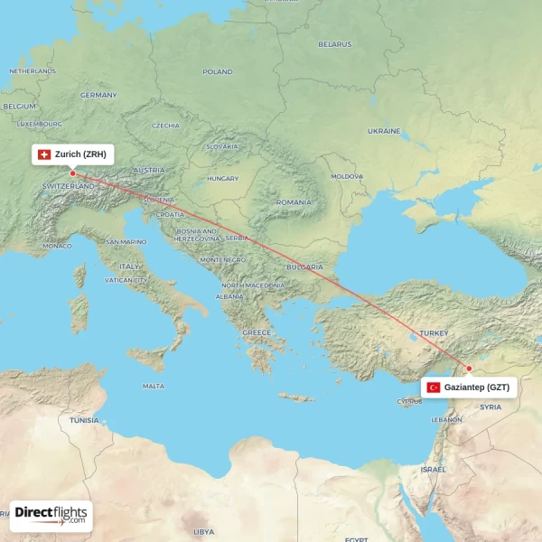 Gaziantep - Zurich direct flight map