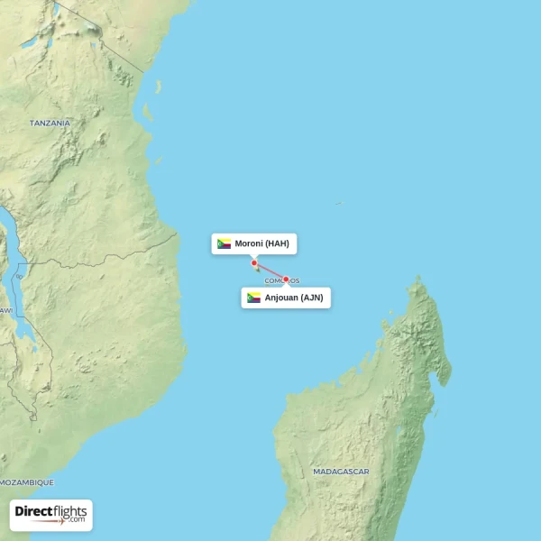 Moroni - Anjouan direct flight map
