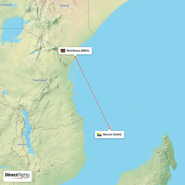 Moroni - Mombasa direct flight map
