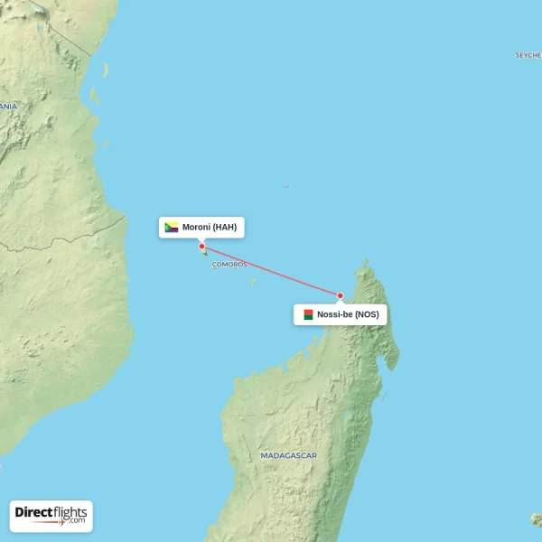Moroni - Nossi-be direct flight map