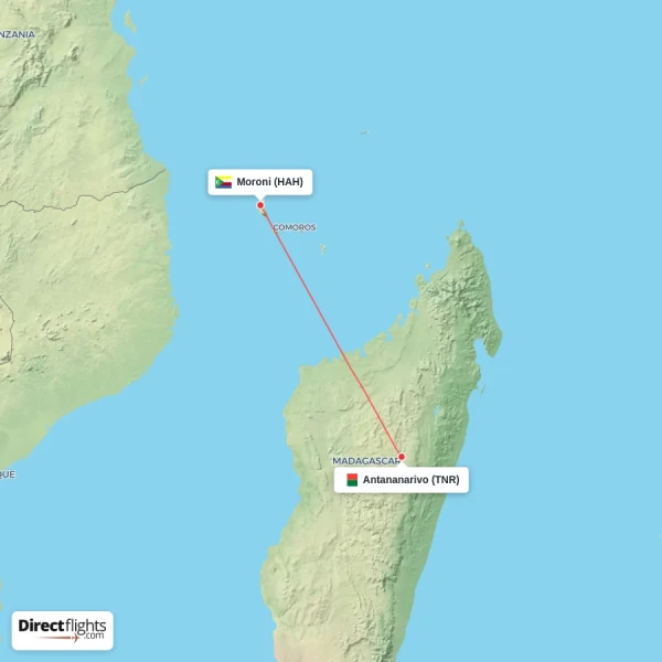 Moroni - Antananarivo direct flight map