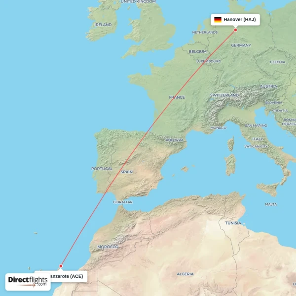Hanover - Lanzarote direct flight map