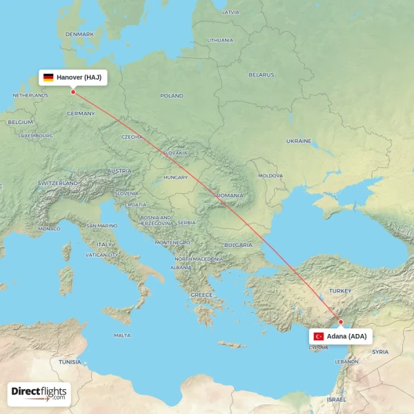 Hanover - Adana direct flight map