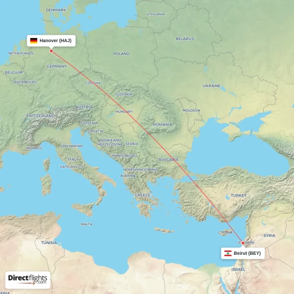 Hanover - Beirut direct flight map