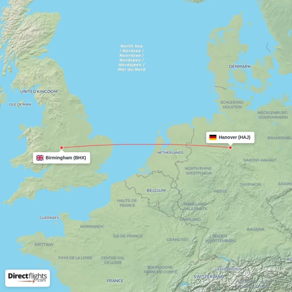 Hanover - Birmingham direct flight map