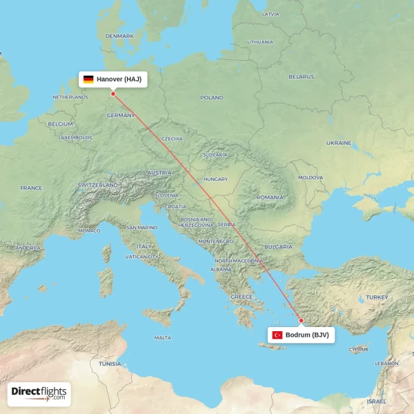 Hanover - Bodrum direct flight map