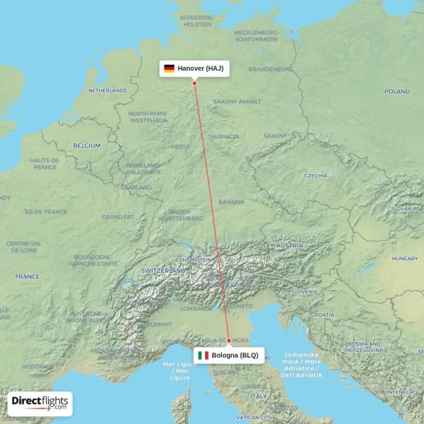 Hanover - Bologna direct flight map