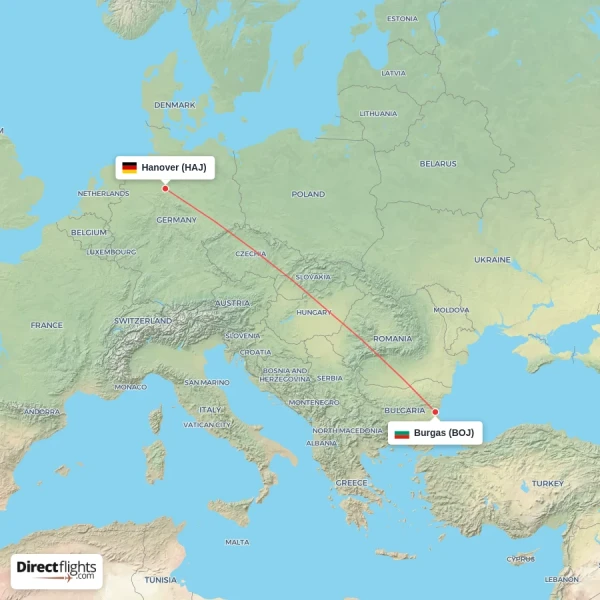 Hanover - Burgas direct flight map