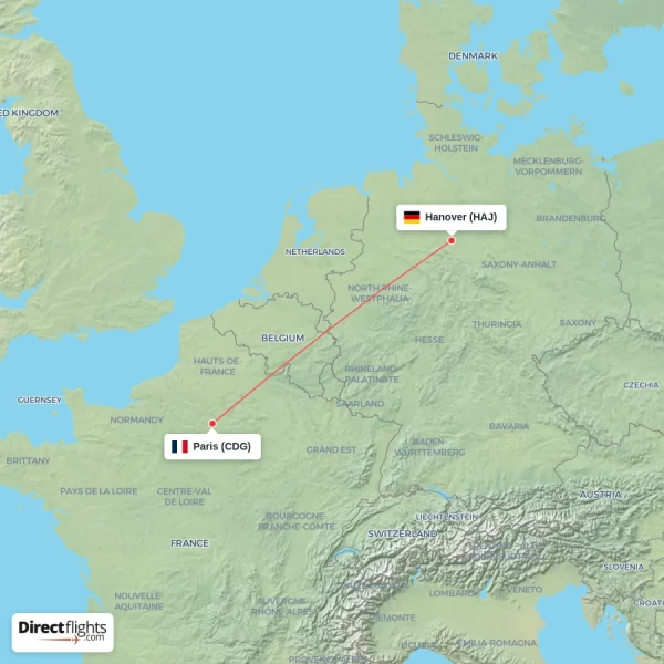 Hanover - Paris direct flight map