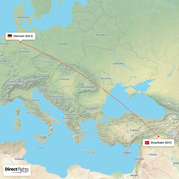 Hanover - Diyarbakir direct flight map