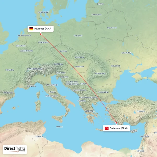 Hanover - Dalaman direct flight map