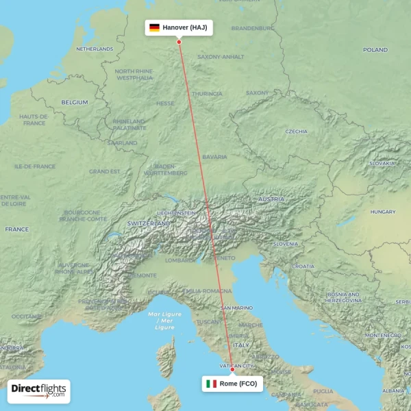 Hanover - Rome direct flight map