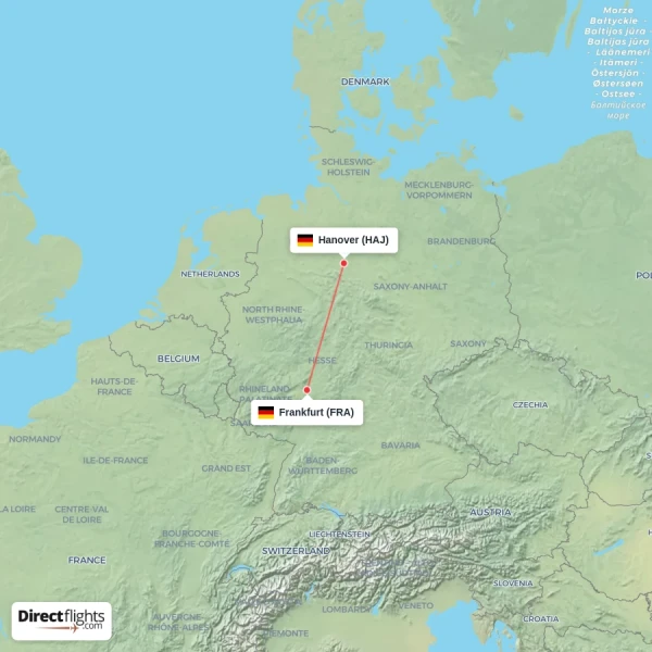 Hanover - Frankfurt direct flight map