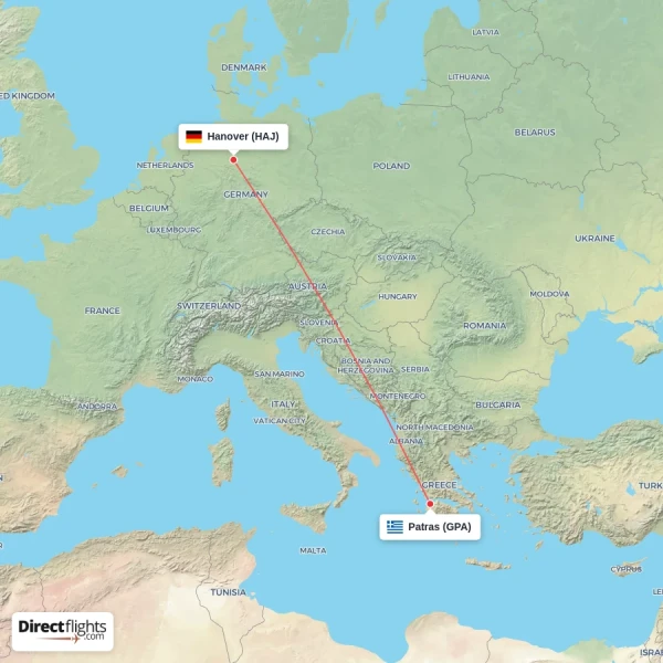 Hanover - Patras direct flight map