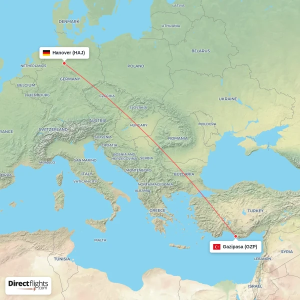 Hanover - Gazipasa direct flight map