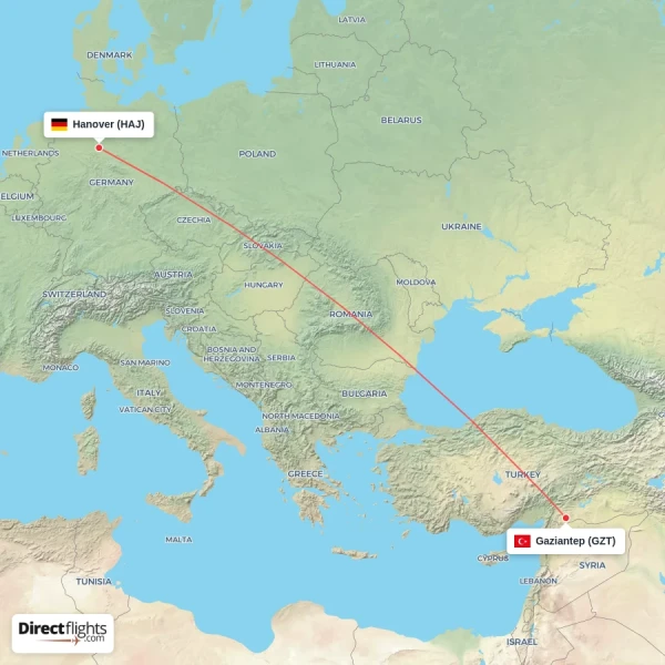 Hanover - Gaziantep direct flight map