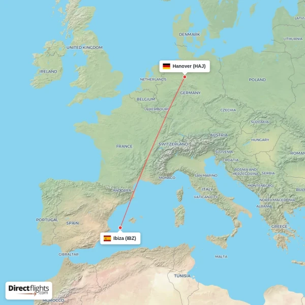 Hanover - Ibiza direct flight map