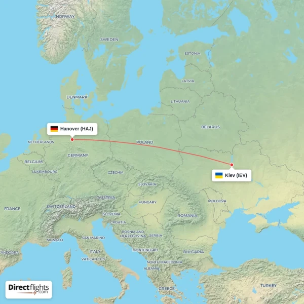 Hanover - Kiev direct flight map
