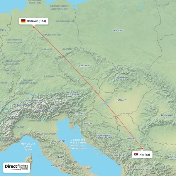 Hanover - Nis direct flight map