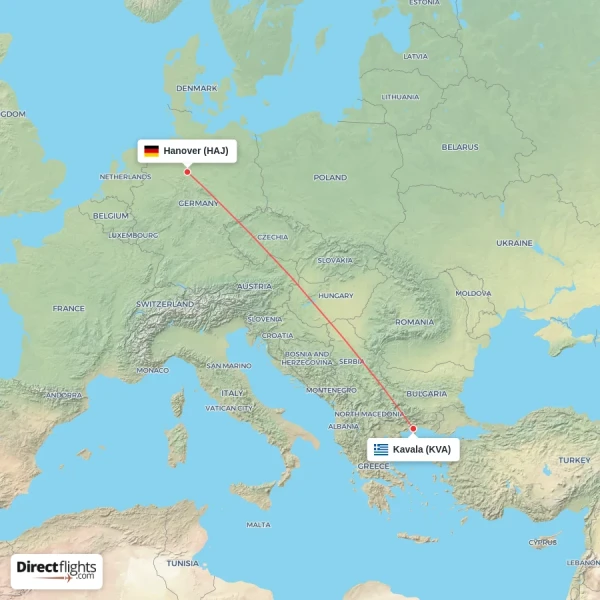 Hanover - Kavala direct flight map