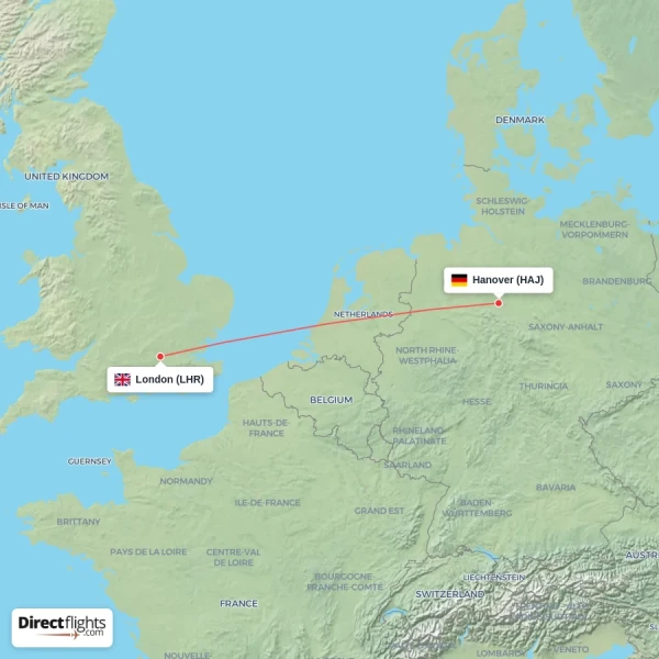 Hanover - London direct flight map