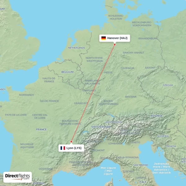 Hanover - Lyon direct flight map