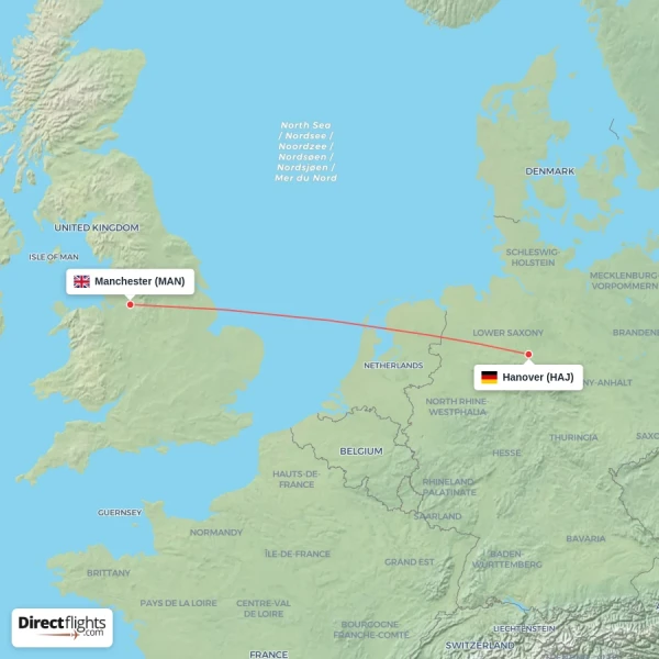Hanover - Manchester direct flight map