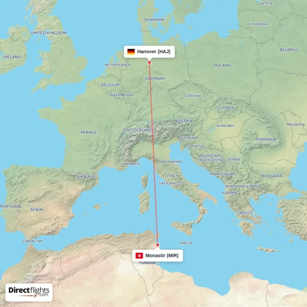 Hanover - Monastir direct flight map