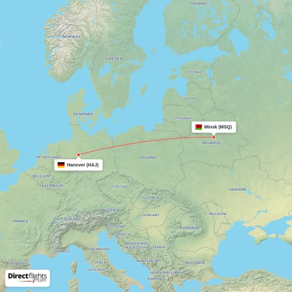 Hanover - Minsk direct flight map