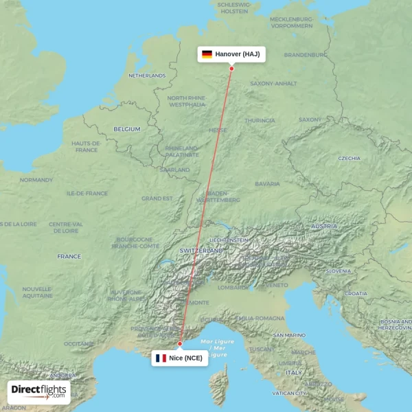 Hanover - Nice direct flight map