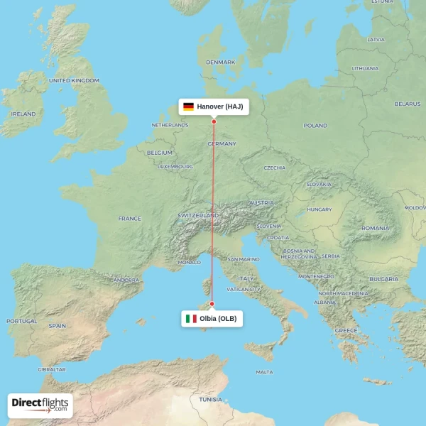 Hanover - Olbia direct flight map