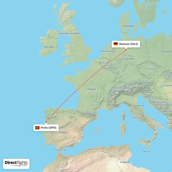 Hanover - Porto direct flight map