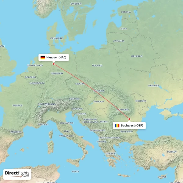 Hanover - Bucharest direct flight map