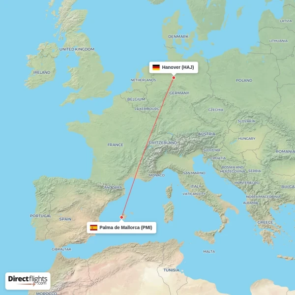 Hanover - Palma de Mallorca direct flight map