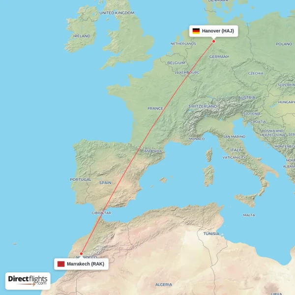Hanover - Marrakech direct flight map