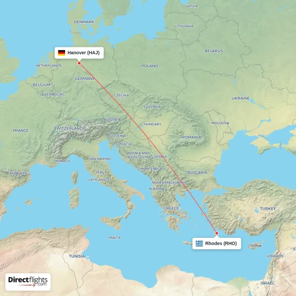 Hanover - Rhodes direct flight map