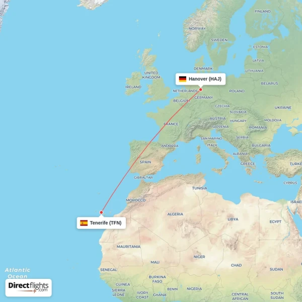 Hanover - Tenerife direct flight map