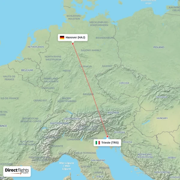 Hanover - Trieste direct flight map