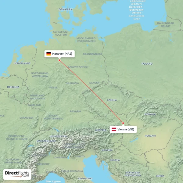 Hanover - Vienna direct flight map
