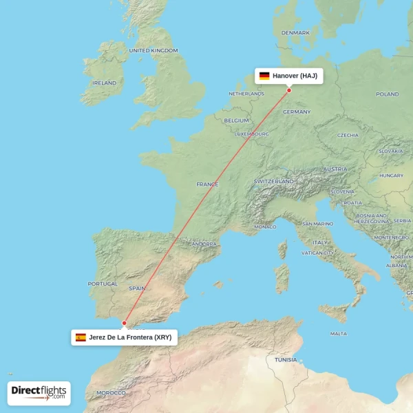 Hanover - Jerez De La Frontera direct flight map