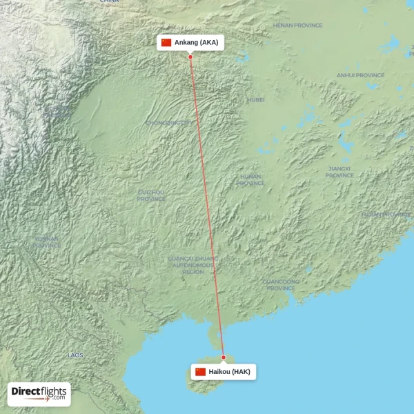 Haikou - Ankang direct flight map