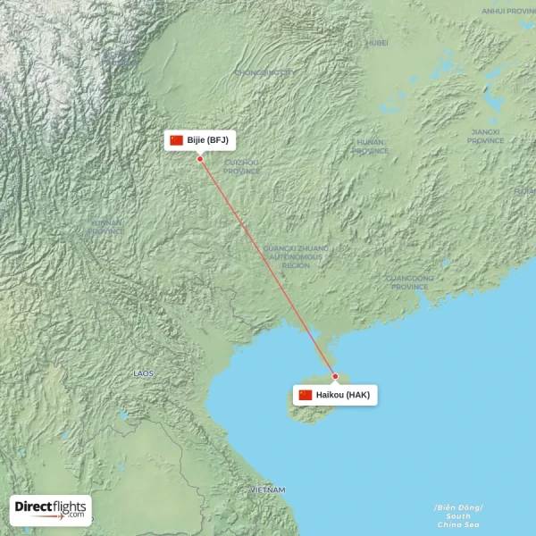 Haikou - Bijie direct flight map