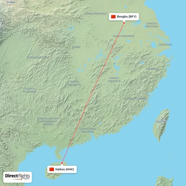 Haikou - Bengbu direct flight map