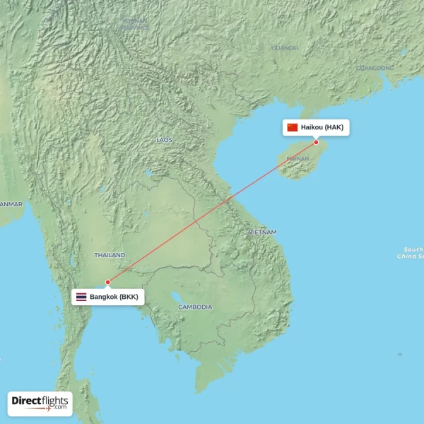 Haikou - Bangkok direct flight map