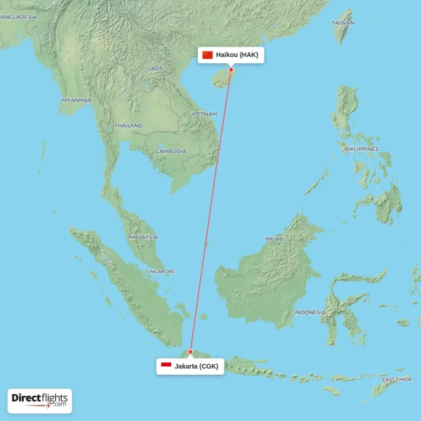 Haikou - Jakarta direct flight map
