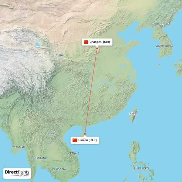 Haikou - Changzhi direct flight map