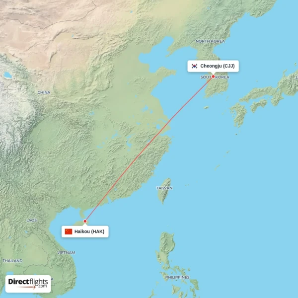 Haikou - Cheongju direct flight map