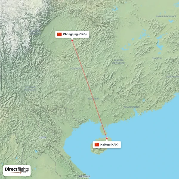 Haikou - Chongqing direct flight map