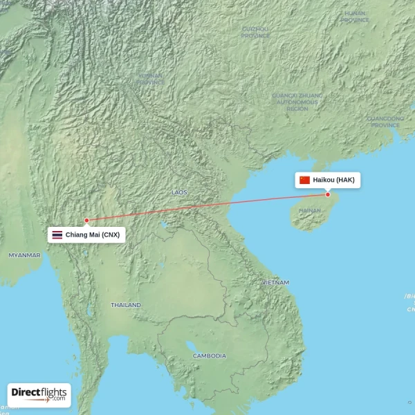 Haikou - Chiang Mai direct flight map