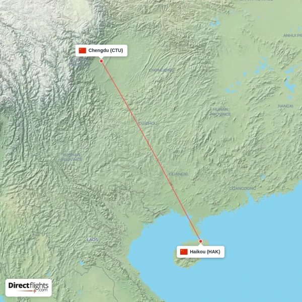 Haikou - Chengdu direct flight map
